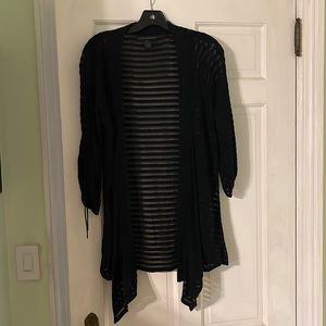 Size M, black, mesh and material striped, 3/4 length sleeve, open front cardigan